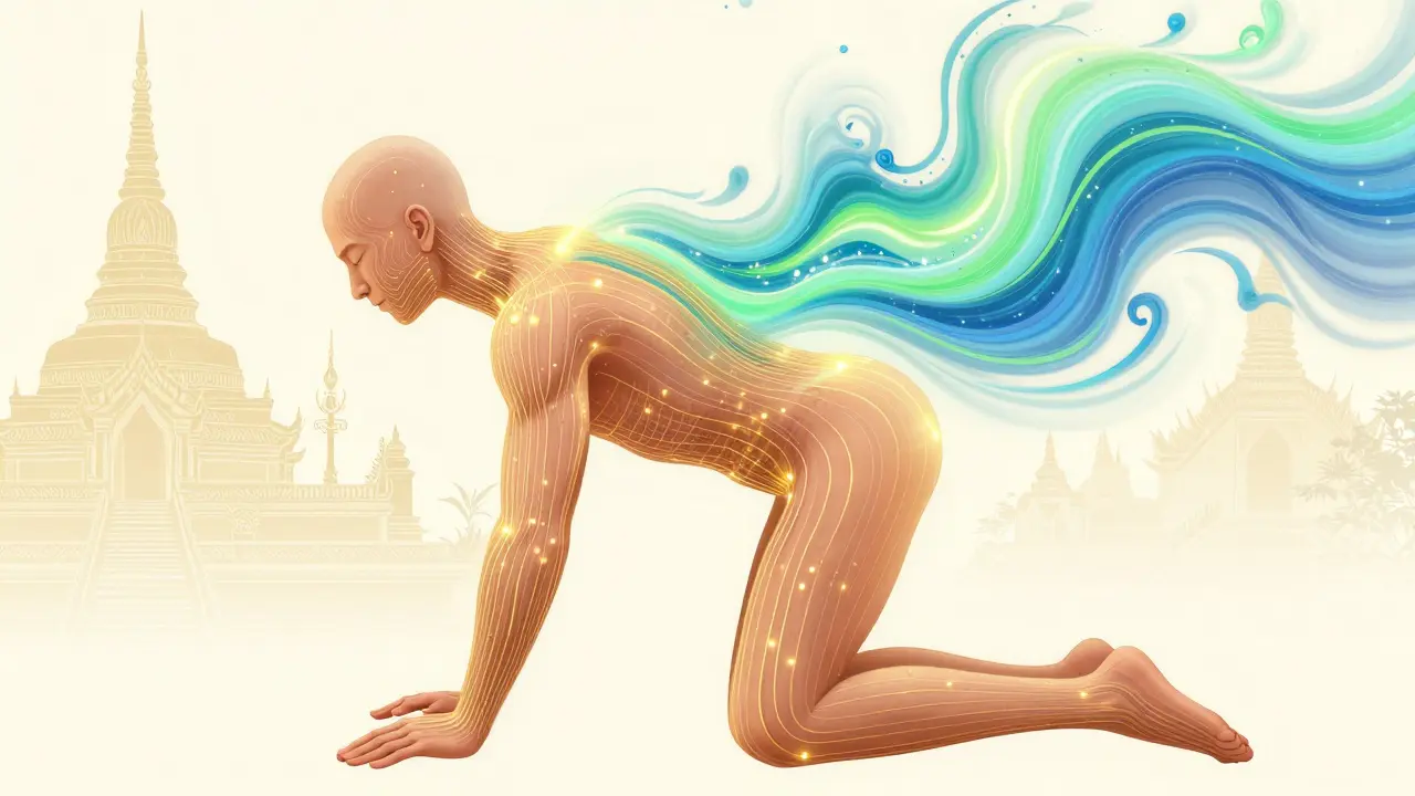 Glowing golden energy lines na těle s průtokem klidné energie, symbolizující uvolnění stresu a zvýšení serotoninu.