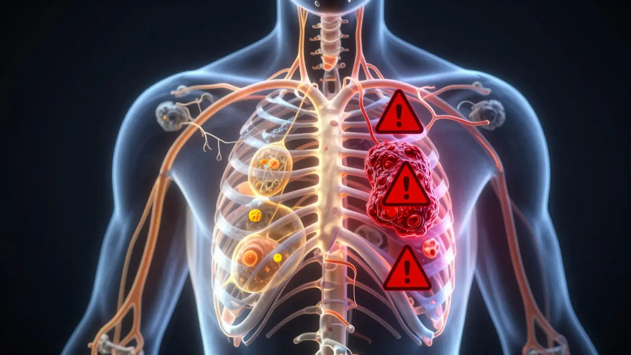 Koncepční obrázek zdravého a blokovaného lymfatického systému s varovnými symboly.