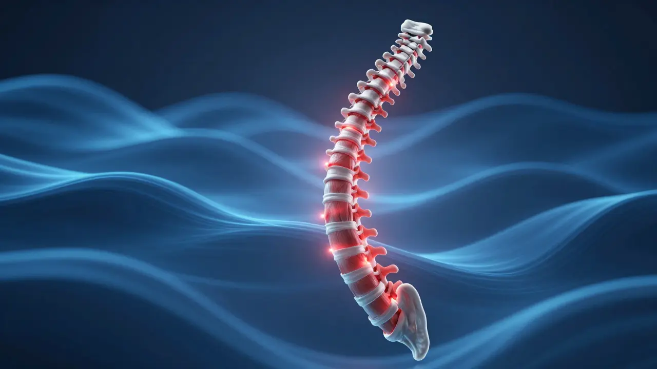 Konceptuální znázornění napjaté páteře, kterou pomalu uvolňují klidné vlny symbolizující hlubokou masáž.