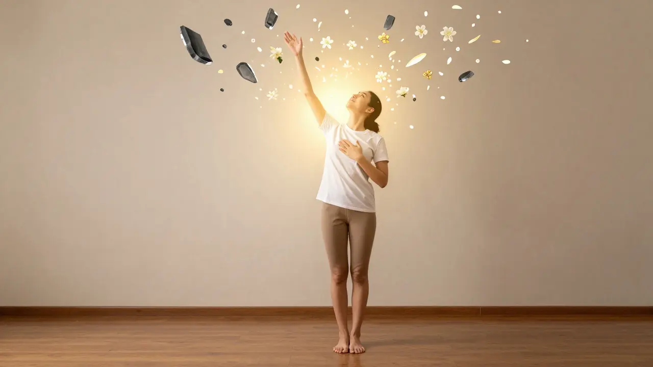 Osoba v klidné pozici, jak se stresové štěpky mění v zlatý světlo a květy, vyjadřující přechod k uvolnění a klidu.