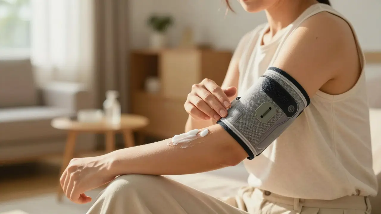 Žena aplikuje krém na paži s kompresní punčochou doma