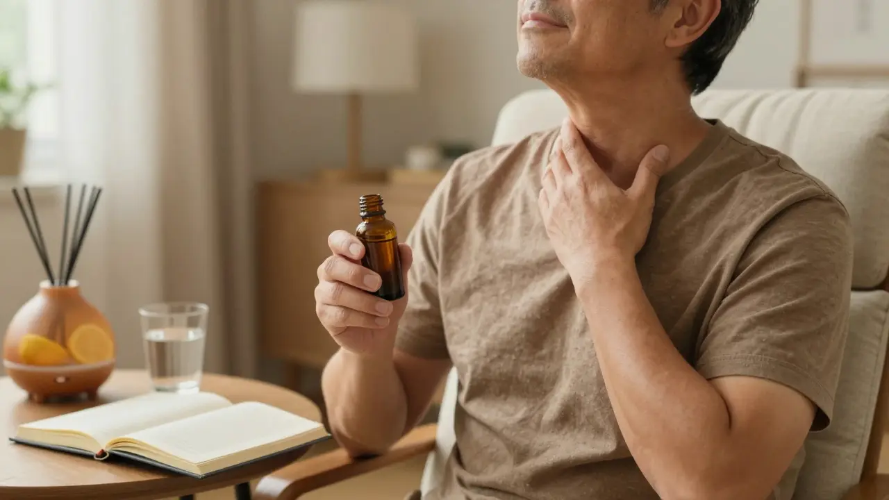 Muž si doma provádí vlastní aromaterapeutickou masáž krku s citronovým olejem, v klidném, denním prostředí.