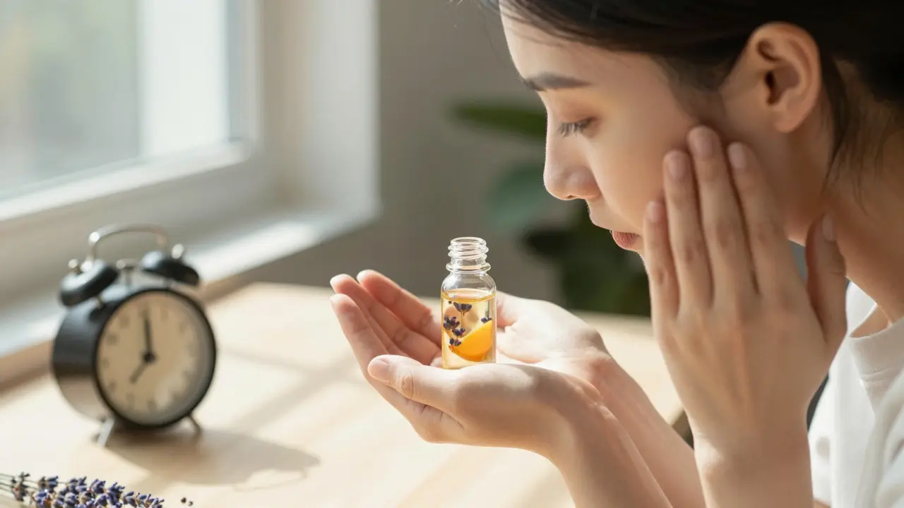 Osoba si doma aplikuje aromaterapeutický olej na čelo a klíční kosti před začátkem dne.