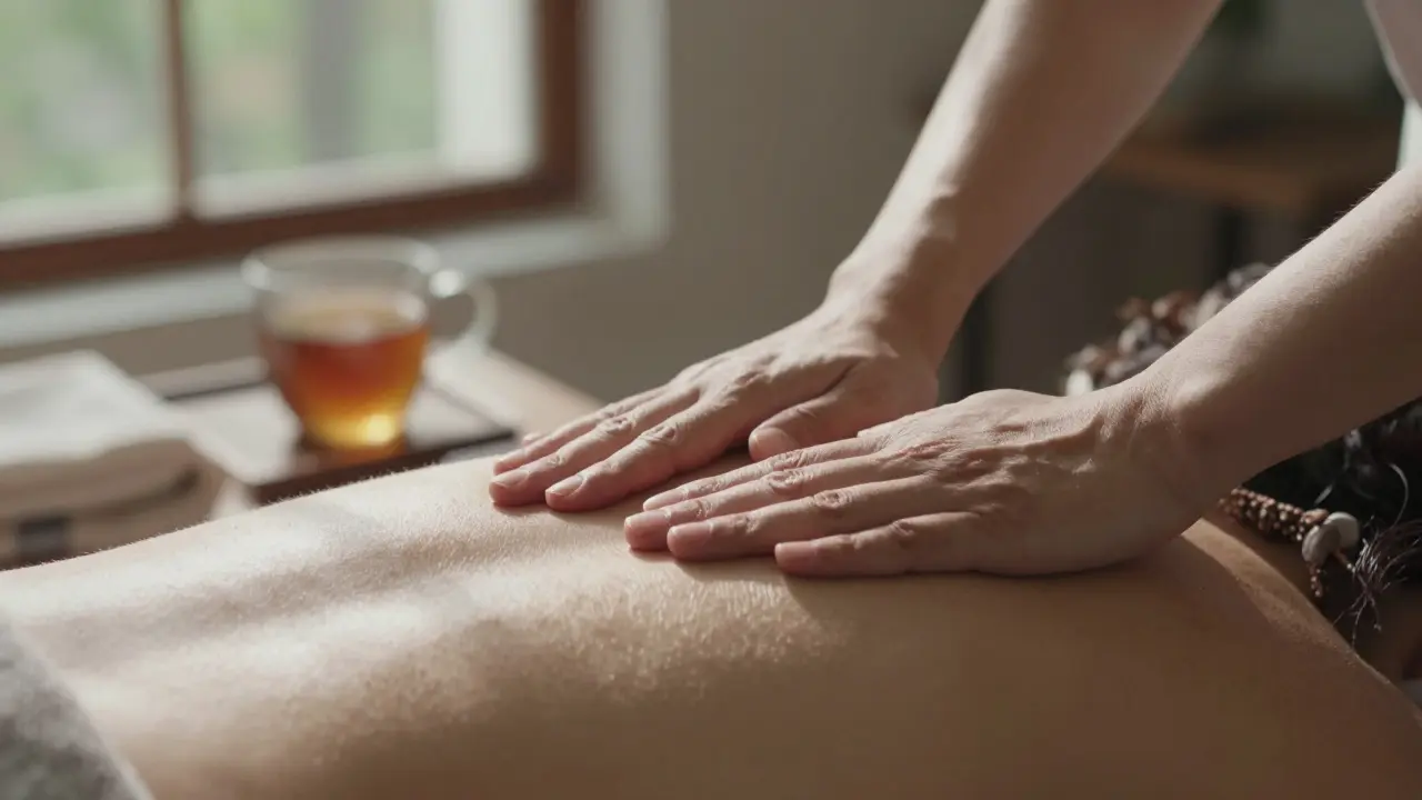 Ruce provádějí jemné pohyby na zádech, sluneční světlo osvětluje klidný domácí prostředí.