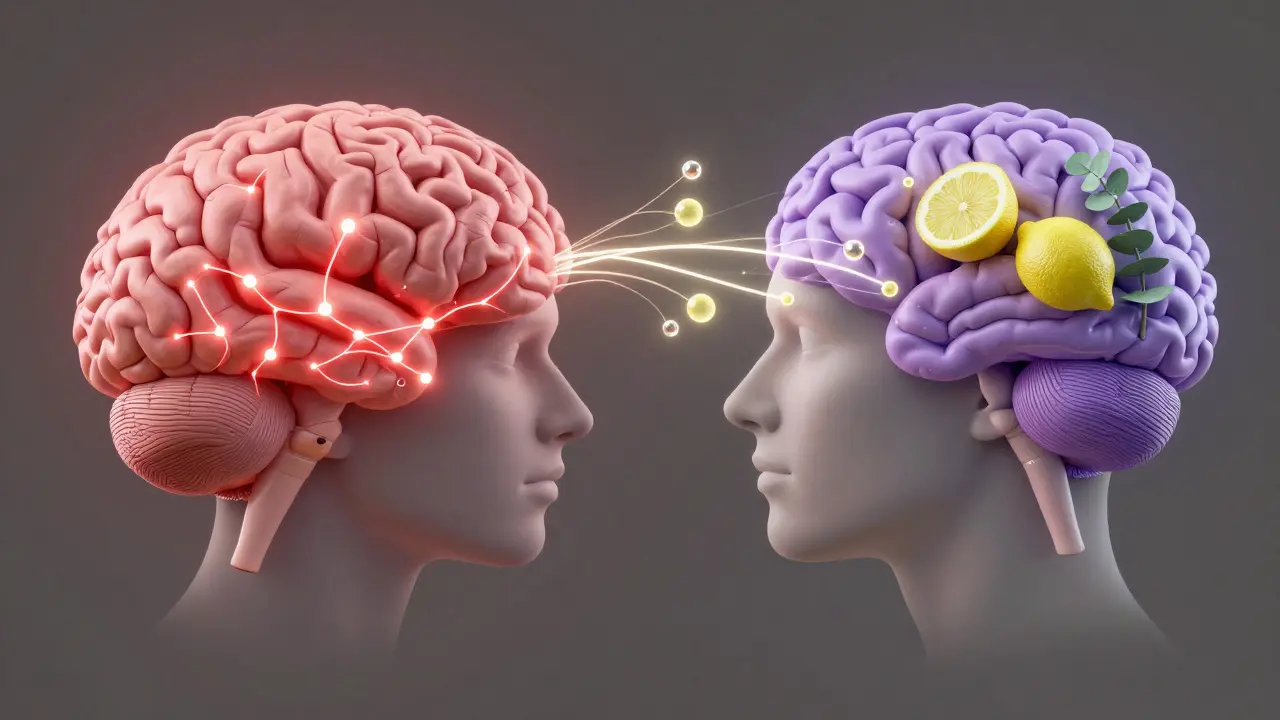 Srovnání stresovaného a klidného mozku s vlivem esenciálních olejů na nervový systém.