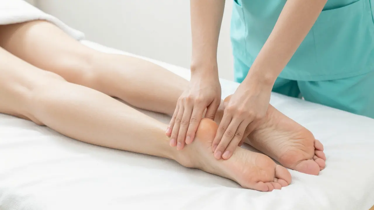 Detail jemné lymfatické drenáže nohou na masážním stole pro odstranění otoků.