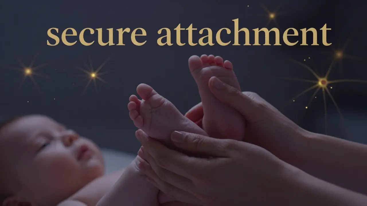 Detail jemného doteku rodiče s nožičkami miminka v uklidňující atmosféře.