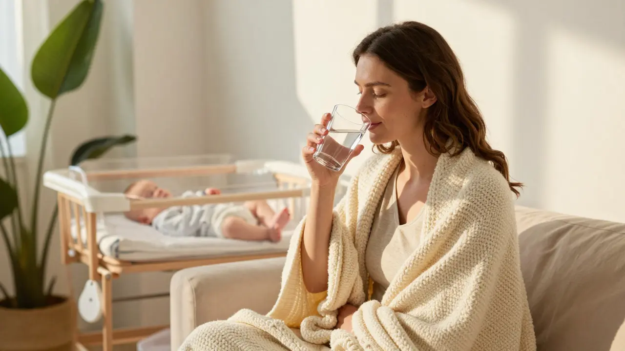 Klidná matka v zářičném obývacím pokoji s usnutým miminkem v pozadí.