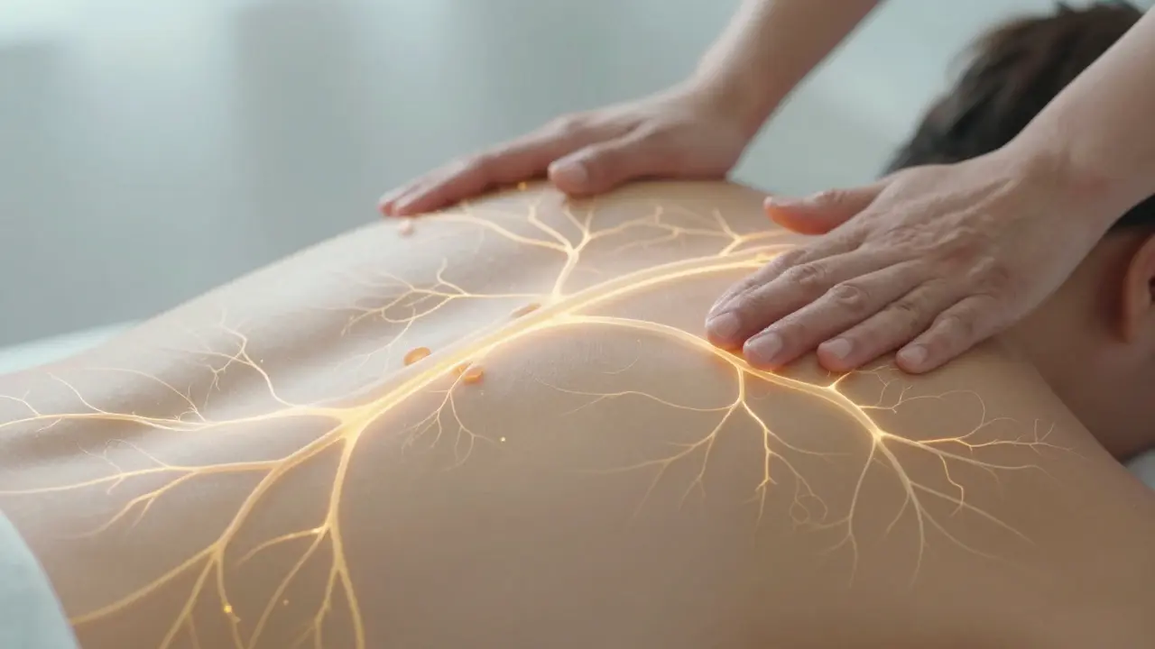 Konceptuální zobrazení proudění lymfy a relaxace v těle během masáže.
