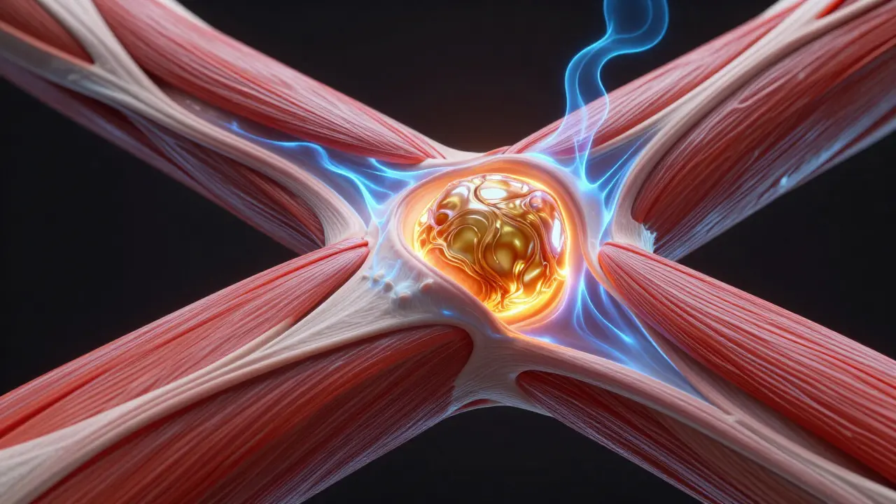 Konceptuální zobrazení svalového uzlu a procesu jeho uvolnění při masáži.