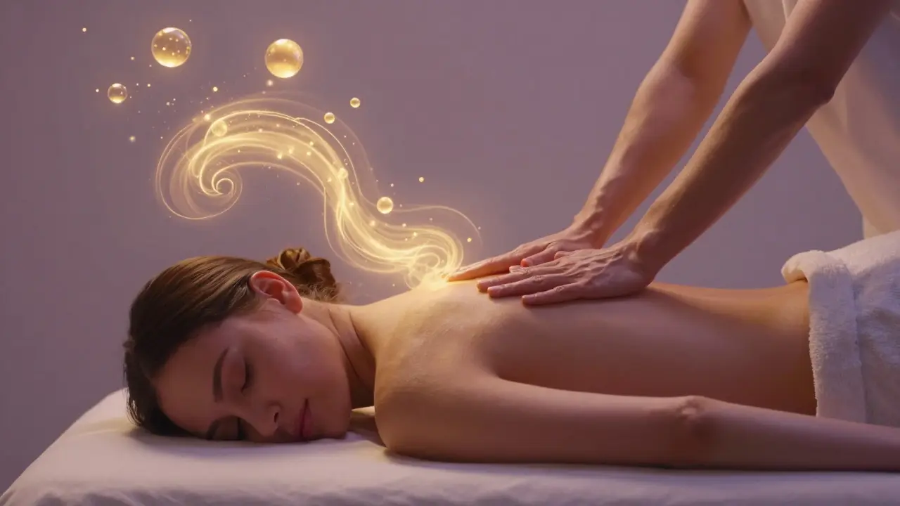 Konceptuální zobrazení uvolňování hormonů štěstí během relaxační masáže.