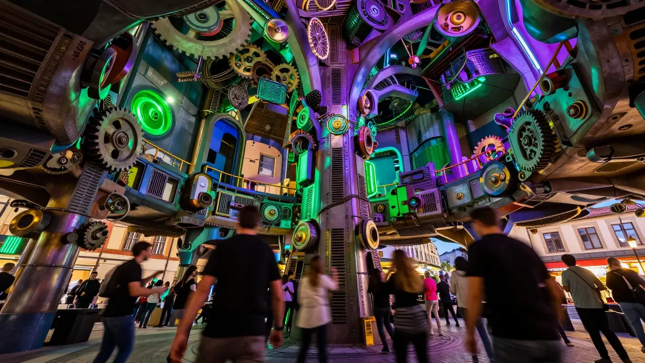 Kyberpunkový interiér klubu Cross Club s neonovým osvětlením a tancujícími lidmi