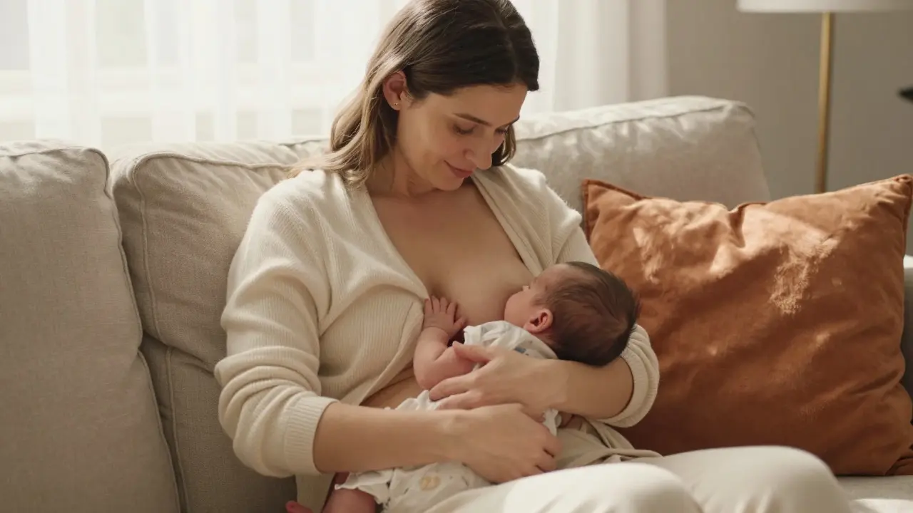 Matka kojící novorozence v pohodlném křesle s podporujícími polštáři.