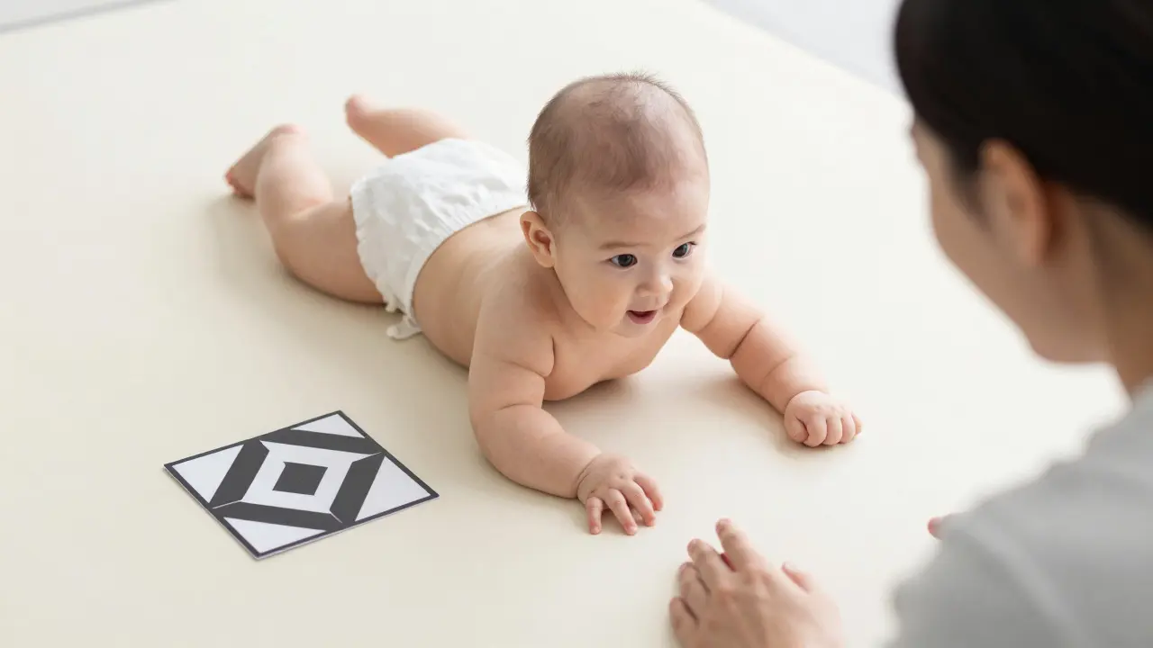 Miminko během cvičení na bříšku s černobílou kontrastní kartou.