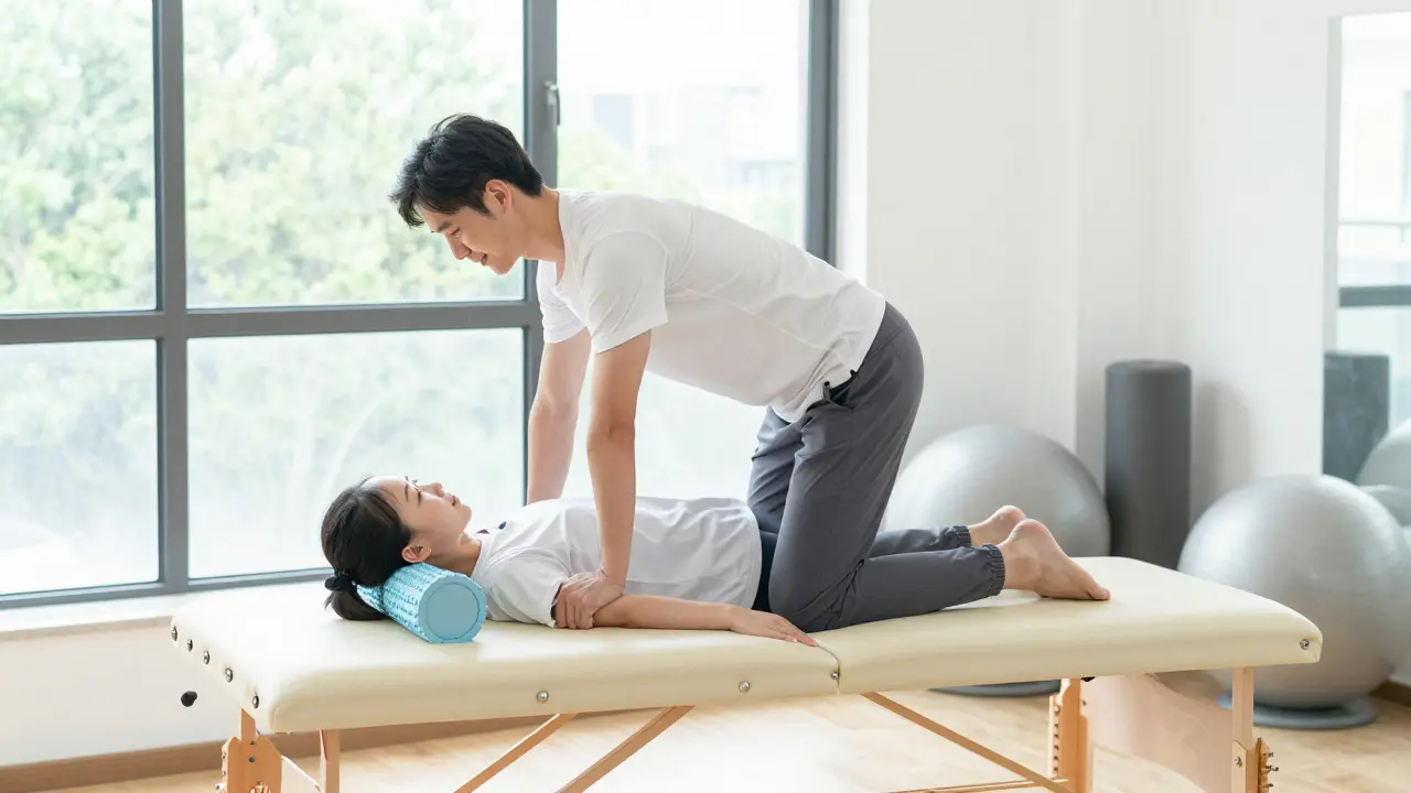 Pacient provádí korektivní cvičení v moderní fyzioterapeutické praxi po masáži.