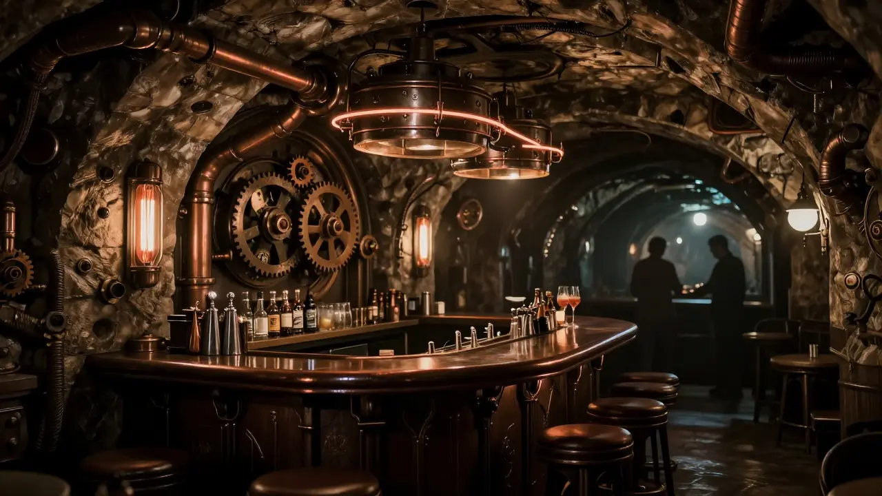 Podzemní steampunk bar v Praze s kombinací kamene a kovových prvků