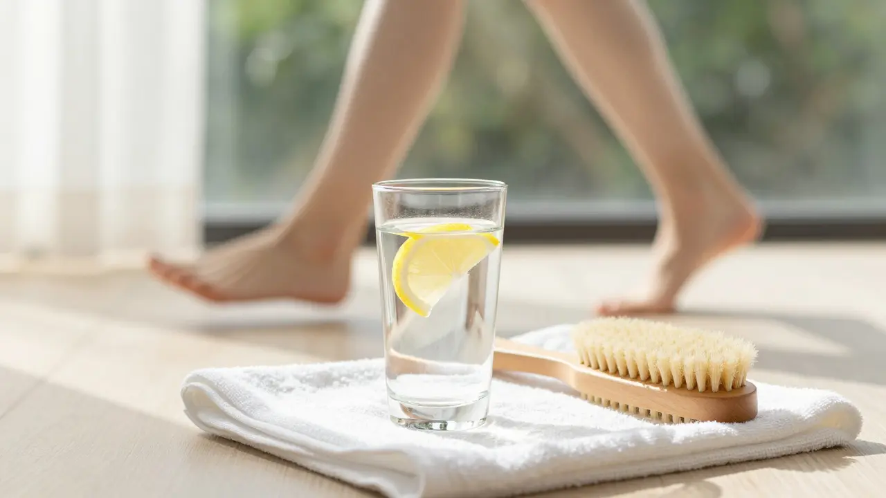 Sklenice vody, kartáč na suché kartáčování a detail nohou při ranní procházce.