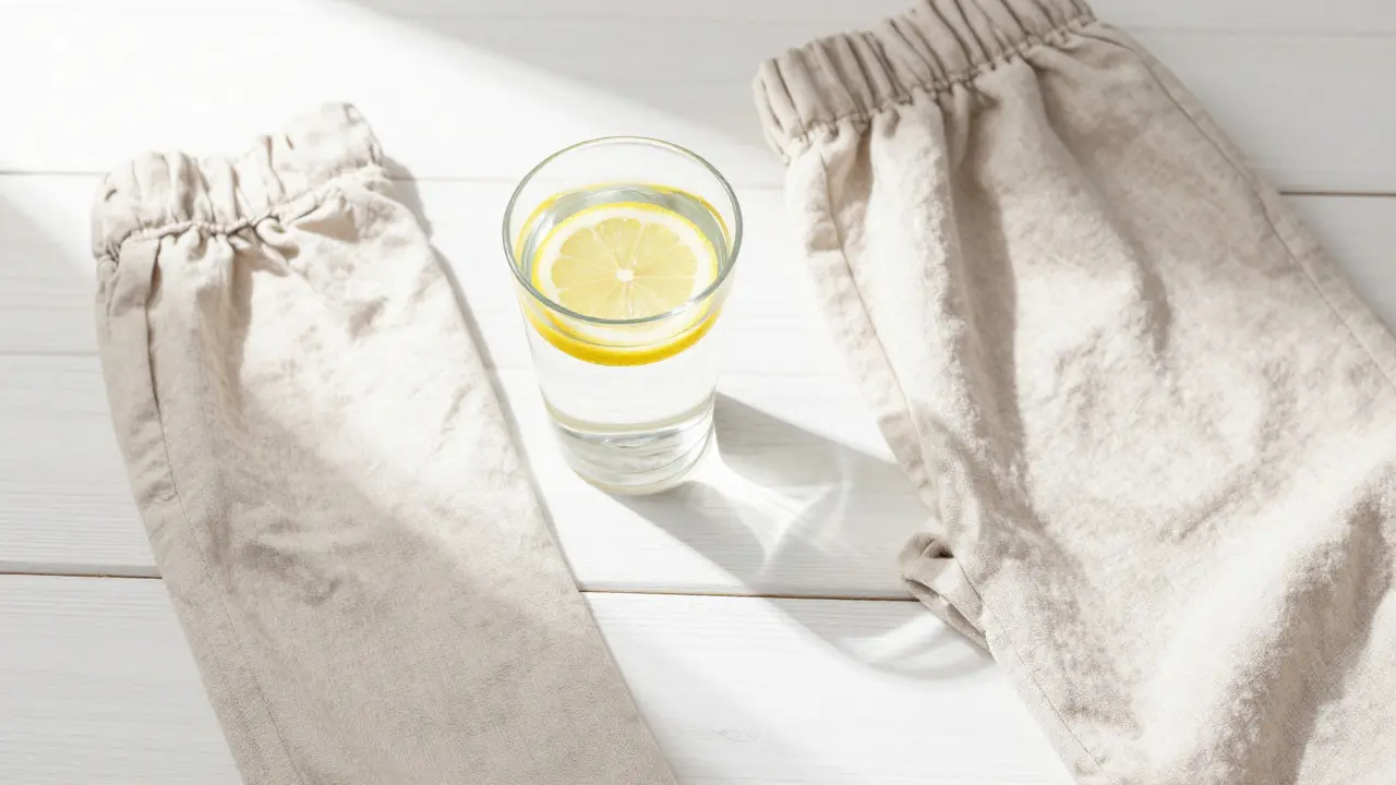 Sklenice vody s citronem a volné lněné kalhoty na světlém stole.