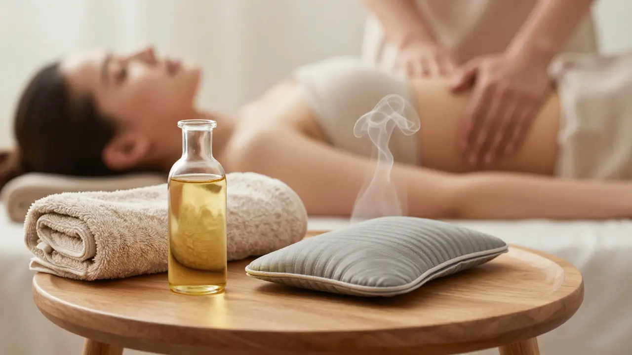 Stůl s teplým masážním olejem a termoforem pro péči o tělo po porodu.