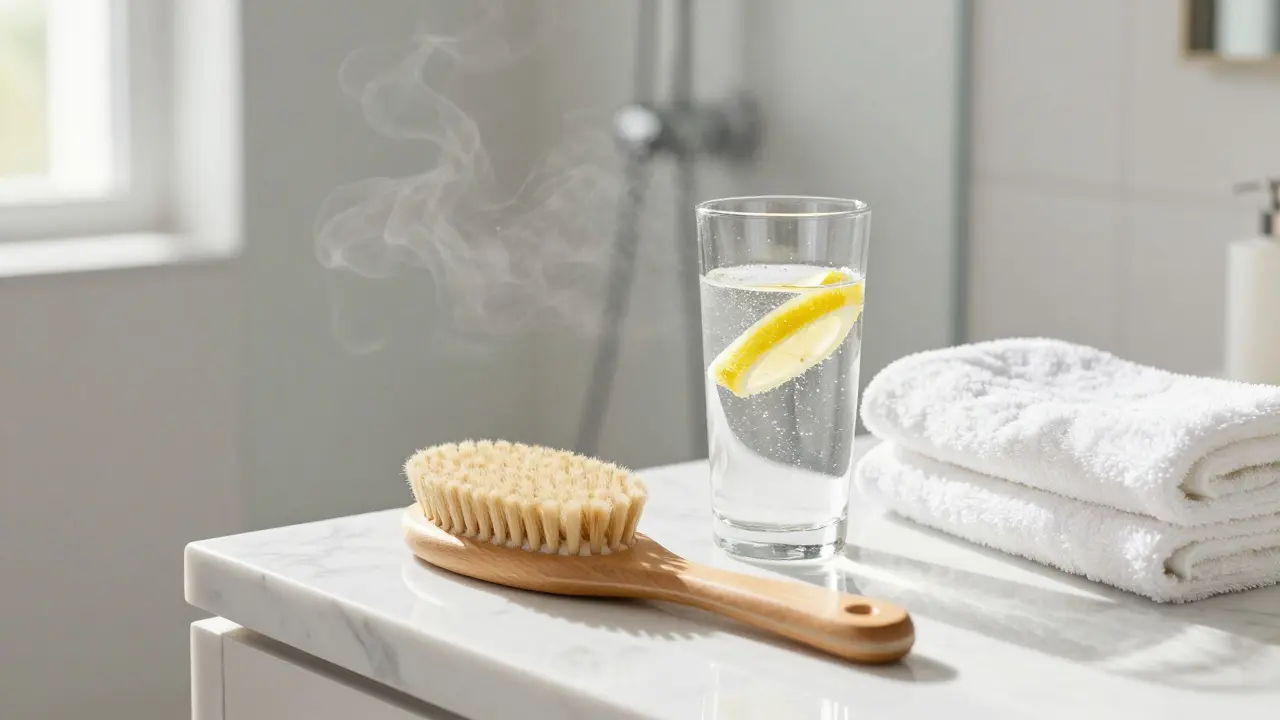 Stýlové wellness doplňky: kartáč na suché masáže, sklenice vody a čisté ručníky.