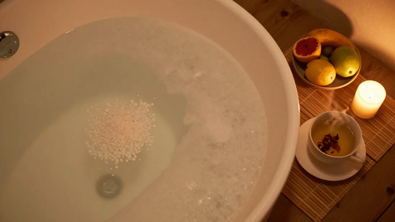 Teplá koupel s Epsomovou solí, bylinkový čaj a ovoce pro relaxaci.