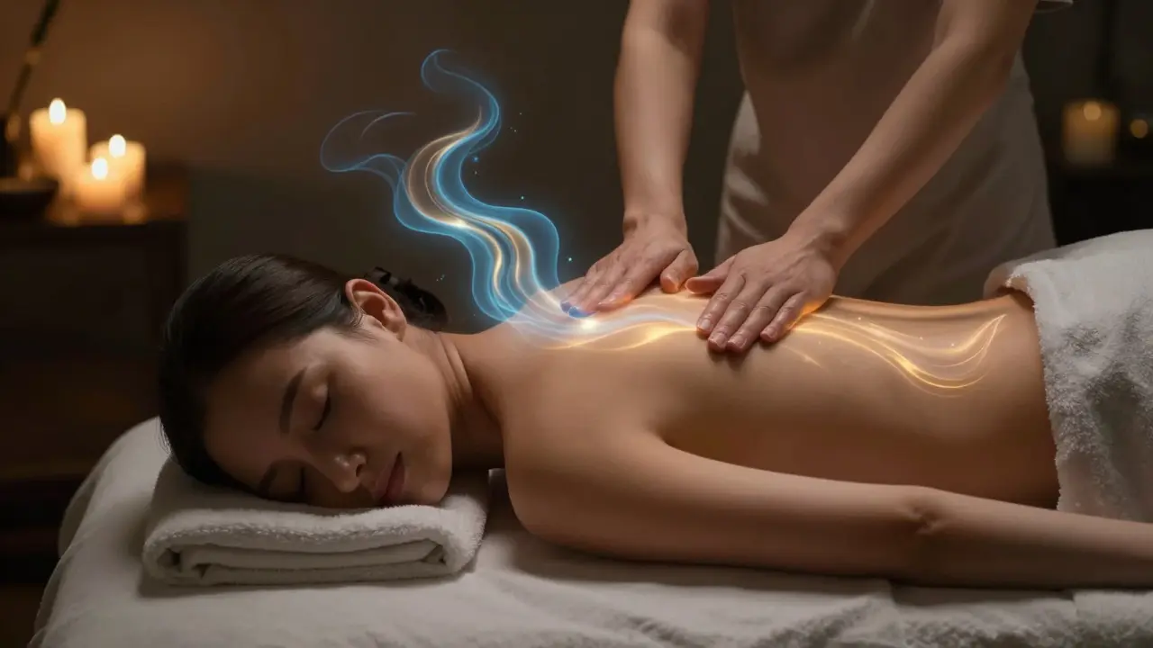 Žena relaxující během masáže s vizuální reprezentací uvolnění stresu a klidu.