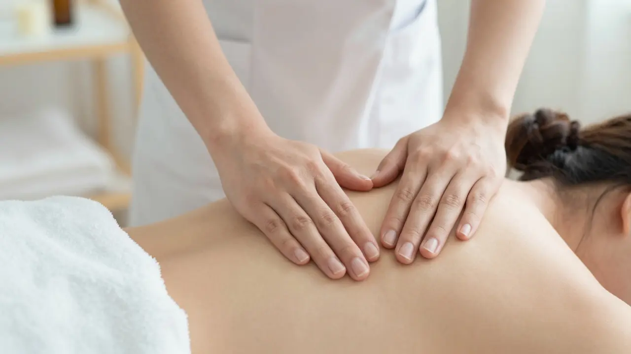 Jemné ruce terapeuta provádějící šetrnou masáž na rameni