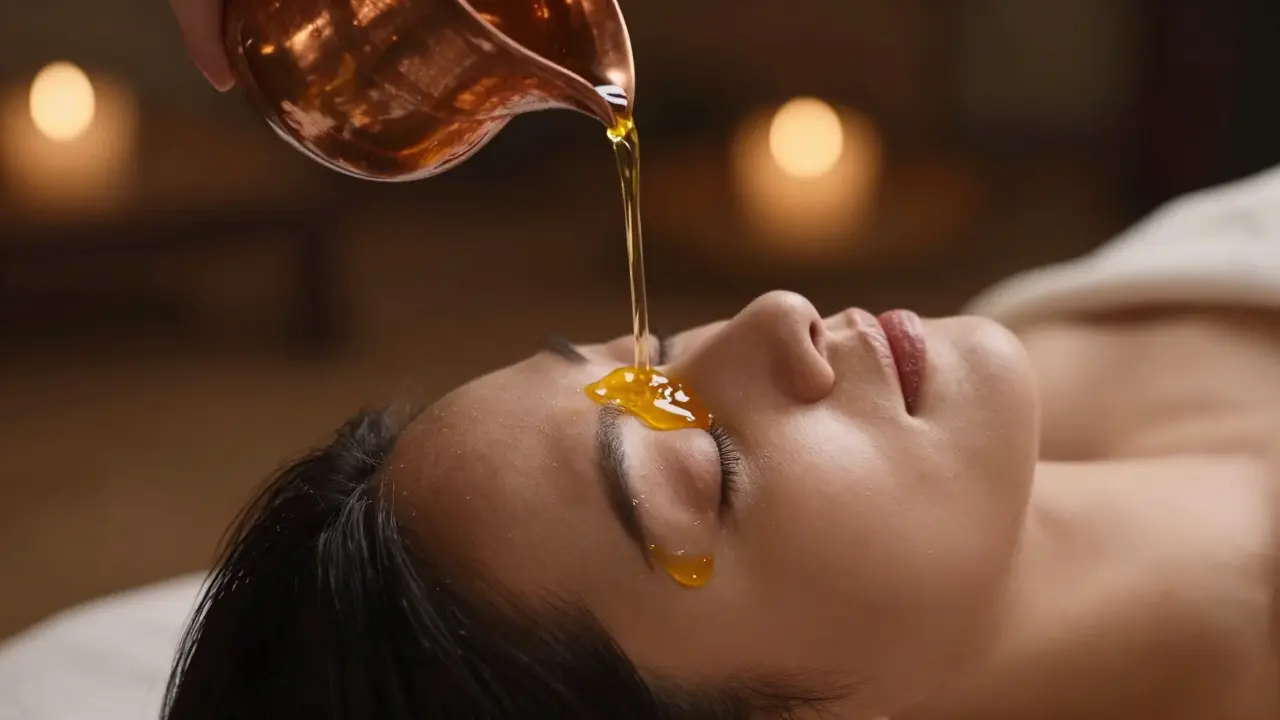 Kapky teplého oleje stékají na čelo klienta při technice Shirodhara pro relaxaci.