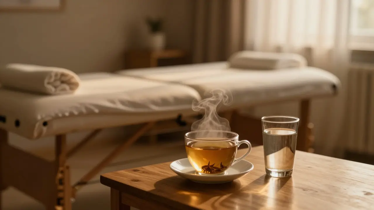 Klidná terapeutická místnost s čajem a vodou pro relaxaci
