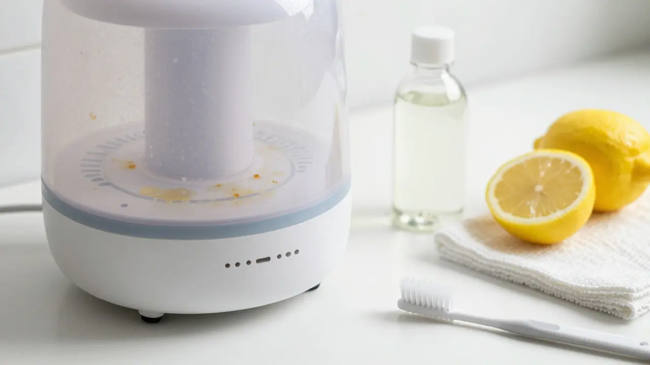 Materiály na čištění difuzoru: ocet, citron a kartáček
