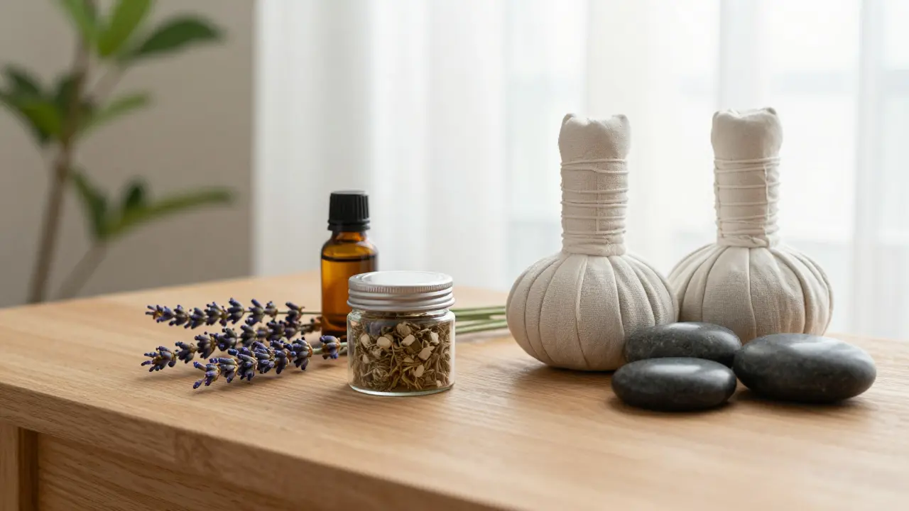 Přírodní ingredience pro masáž a relaxaci na dřevěném stole