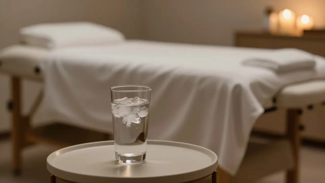 Sklenice vody v klidné terapii místnosti po regenerační masáži.