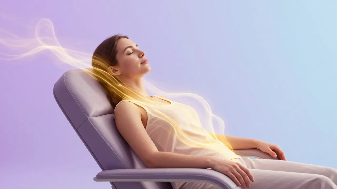 Žena v meditaci obklopena světlem symbolizujícím úlevu
