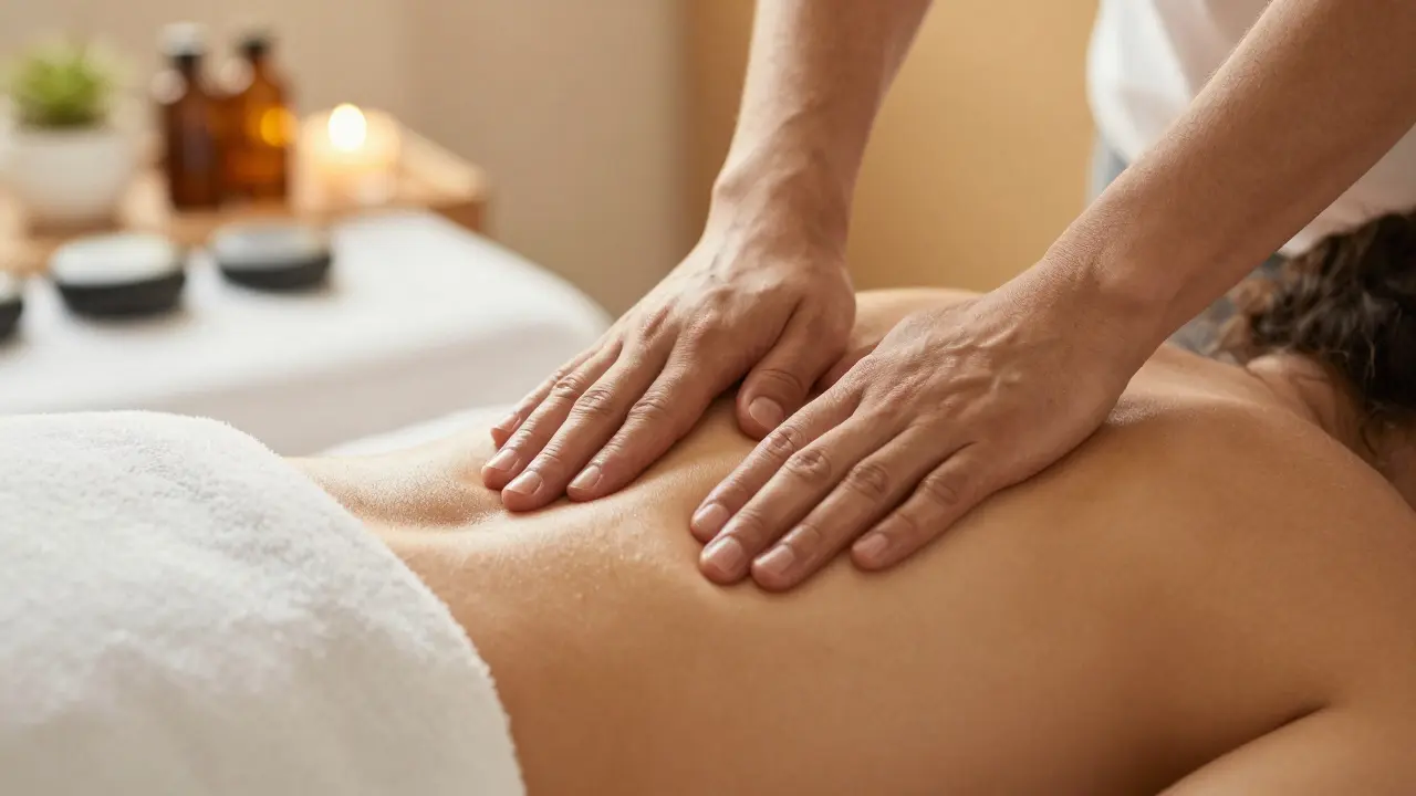 Záběr na ruce provádějící terapeutickou masáž na zádech klienta