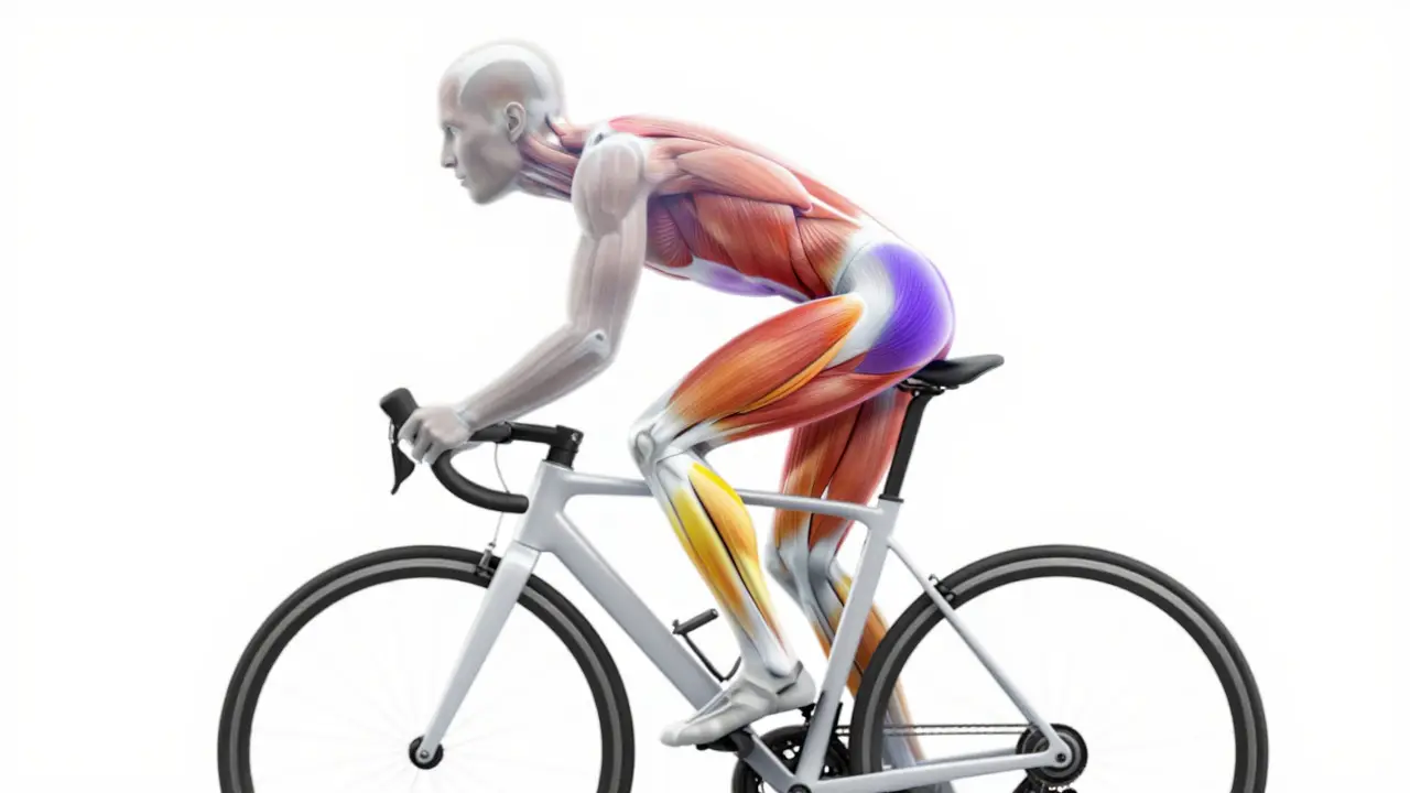 Anatomické zobrazení napjatých svalů cyklisty na kole