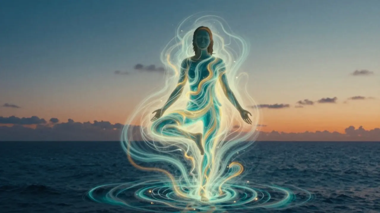 Ethereální ilustrace energie proudící kolem lidské postavy v meditaci.