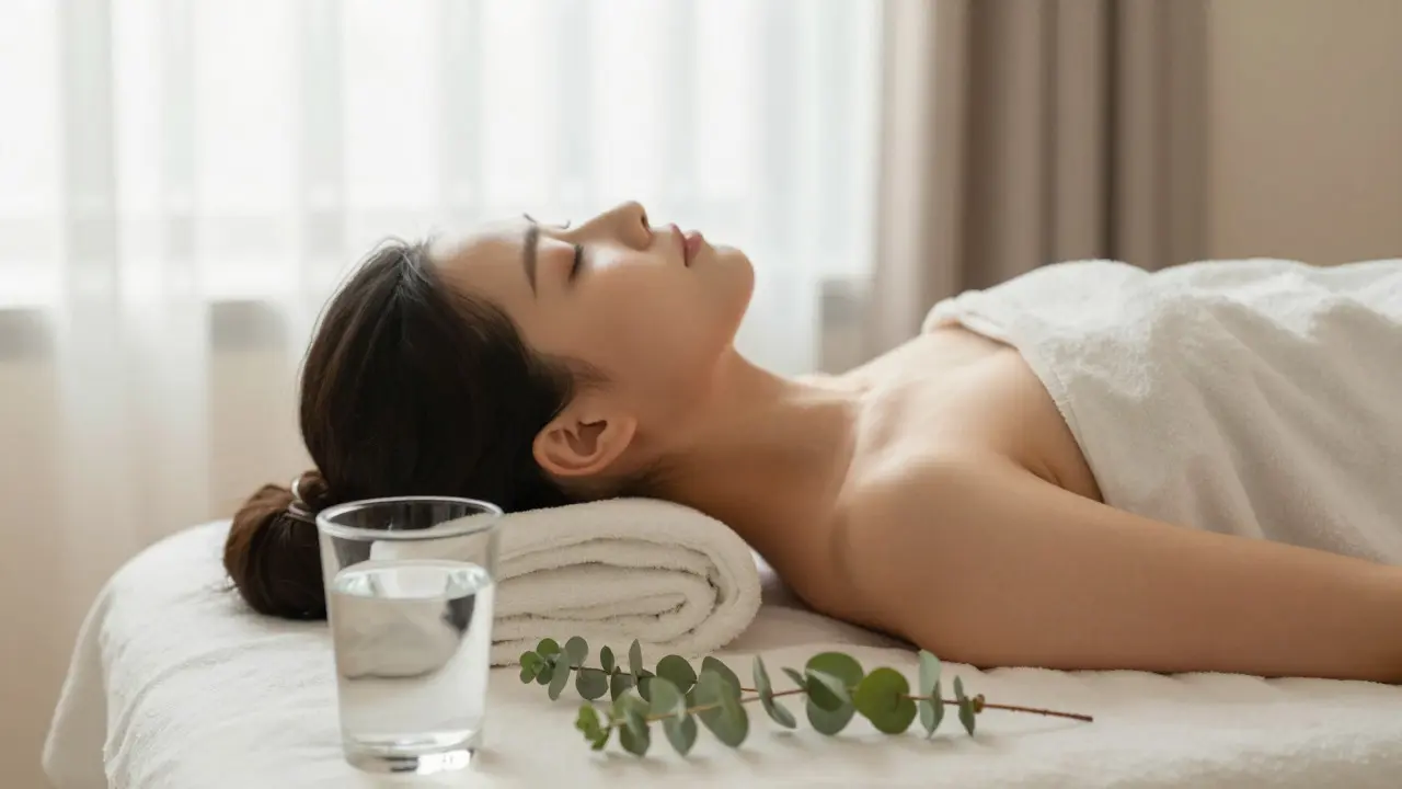 Relaxovaná osoba na masážním stole v klidné atmosféře