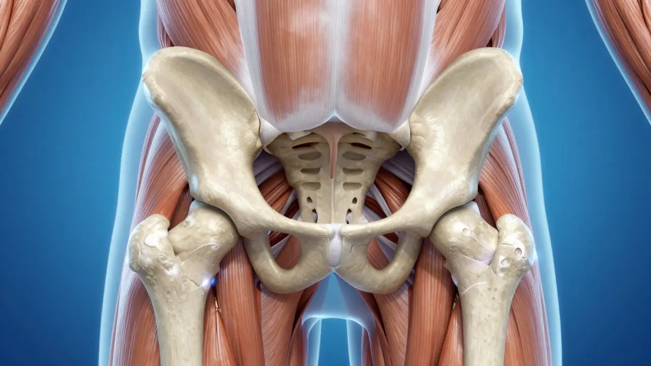 Anatomická ilustrace svalů kolem kyčelního kloubu