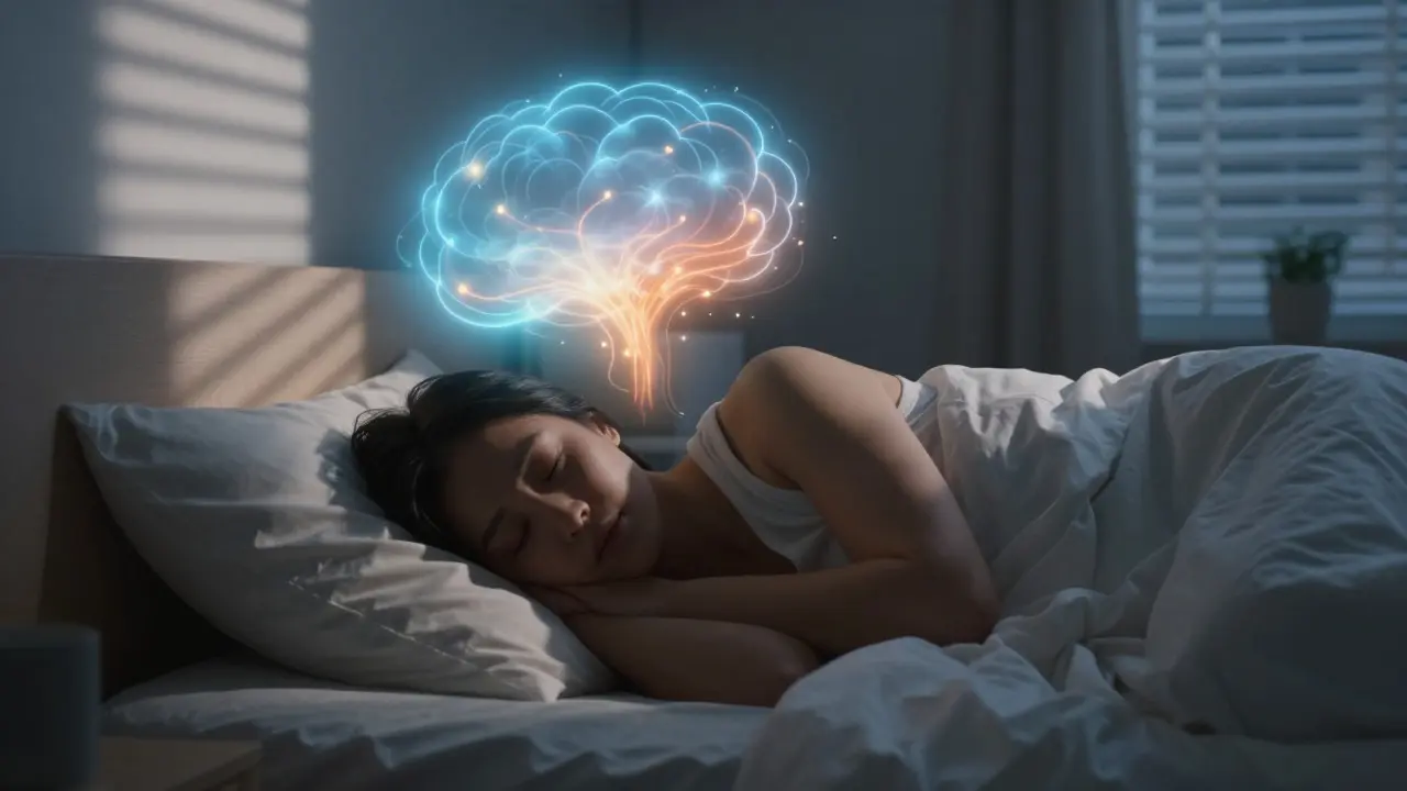 Člověk spící v klidu s vizualizací vyvážených neurotransmiterů