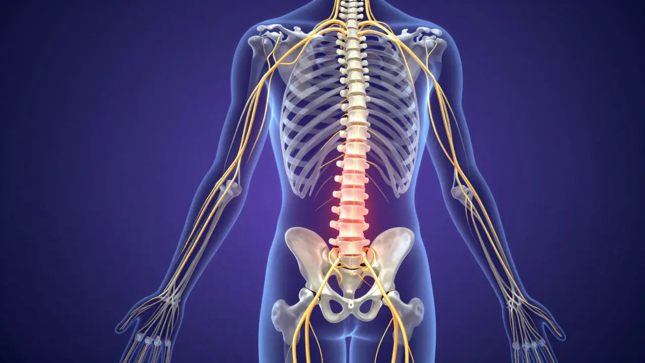 Illustration of spine and glowing nerve pathways