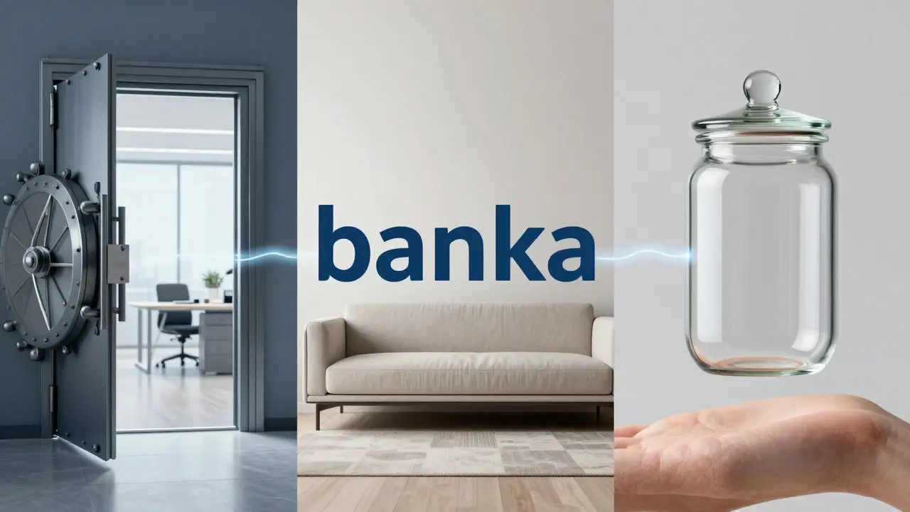 Konceptuální koláž spojující finanční instituci, gauč a masážní baňku