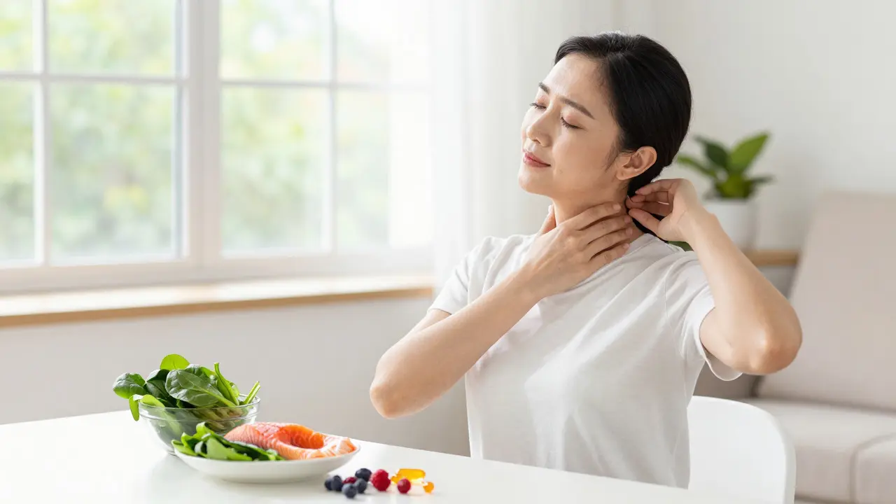 Person stretching neck with healthy food nearby
