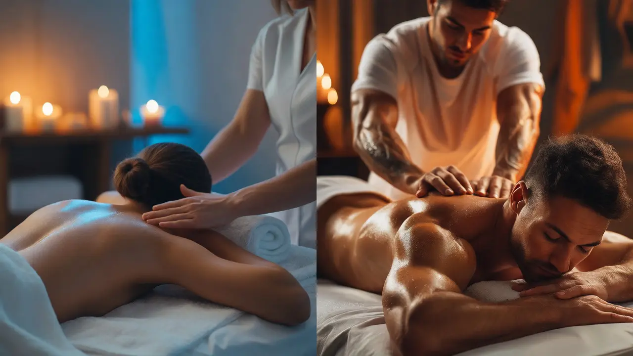 Vizuální srovnání relaxační masáže ve wellness a intenzivní sportovní regenerační masáže.