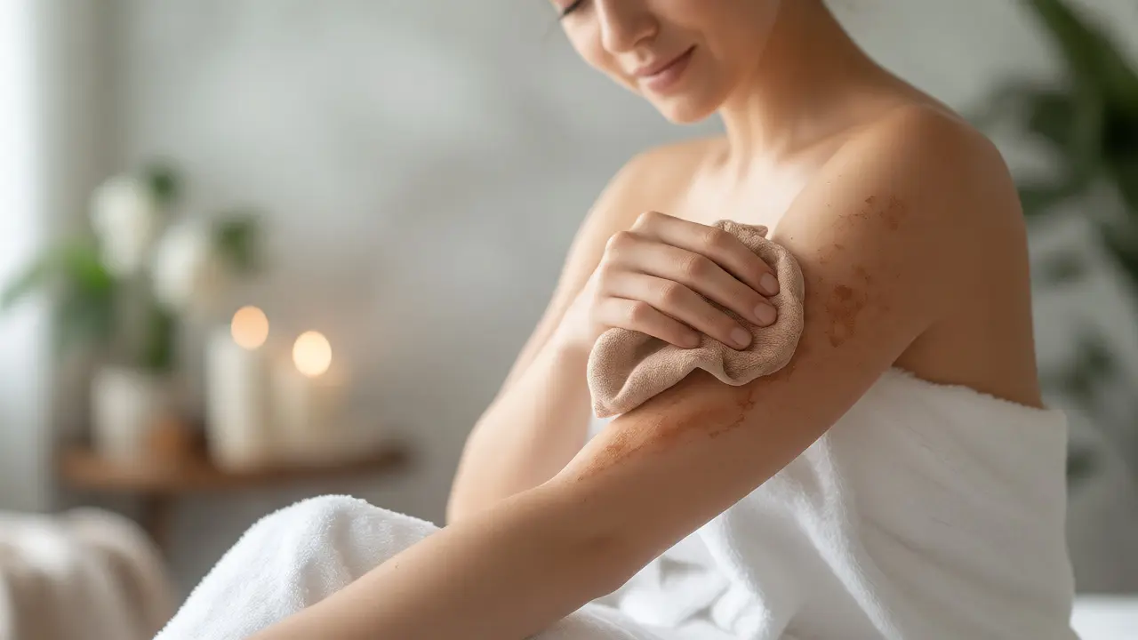 Relaxovaná žena po masáži setírá zbytky čokolády teplým ručníkem