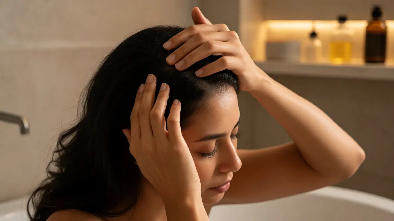 Žena si jemně masíruje vlasovou pokožku s olejem pro relaxaci